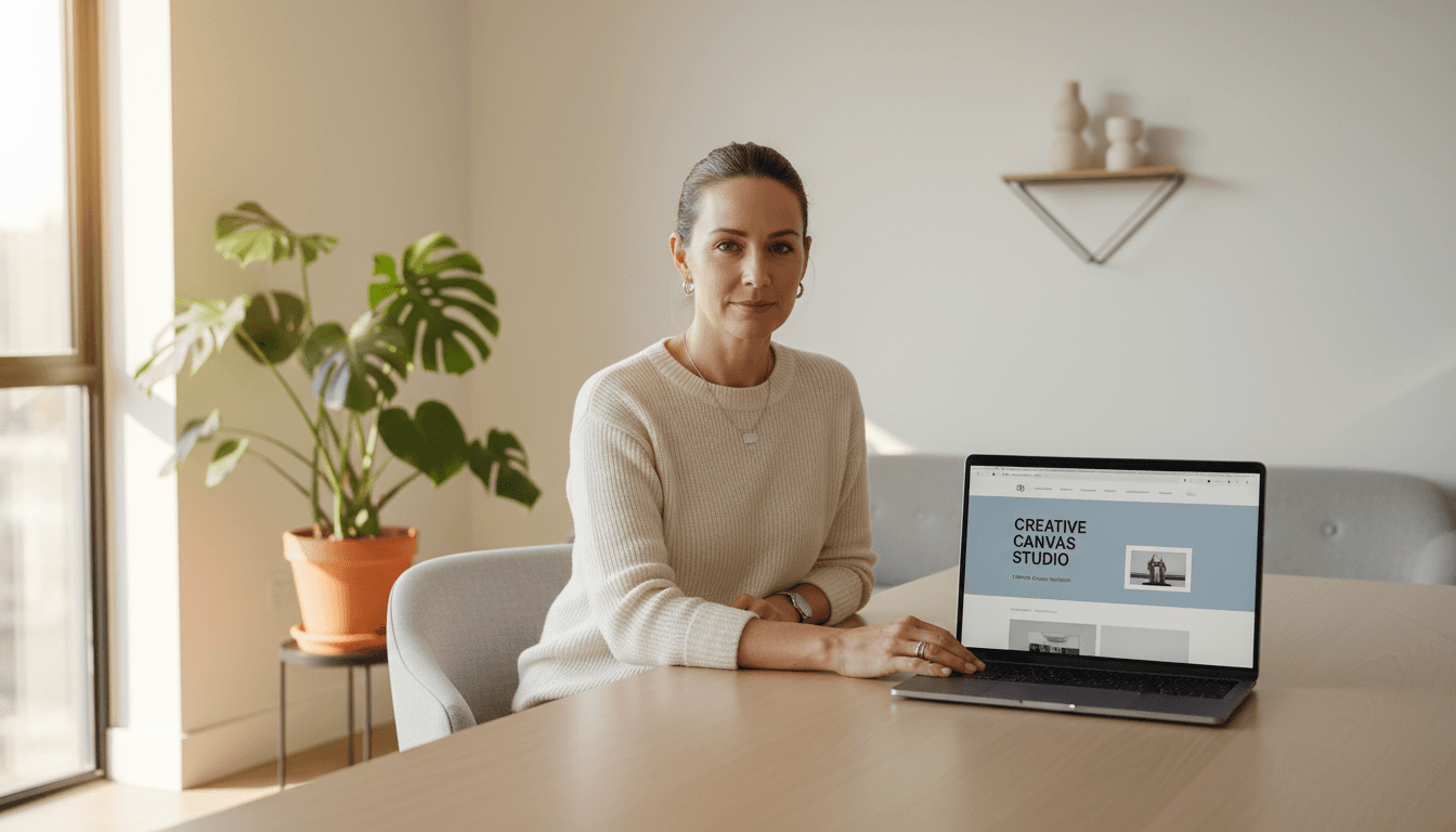 Small business owner reviewing a professional website on laptop in bright, modern workspace