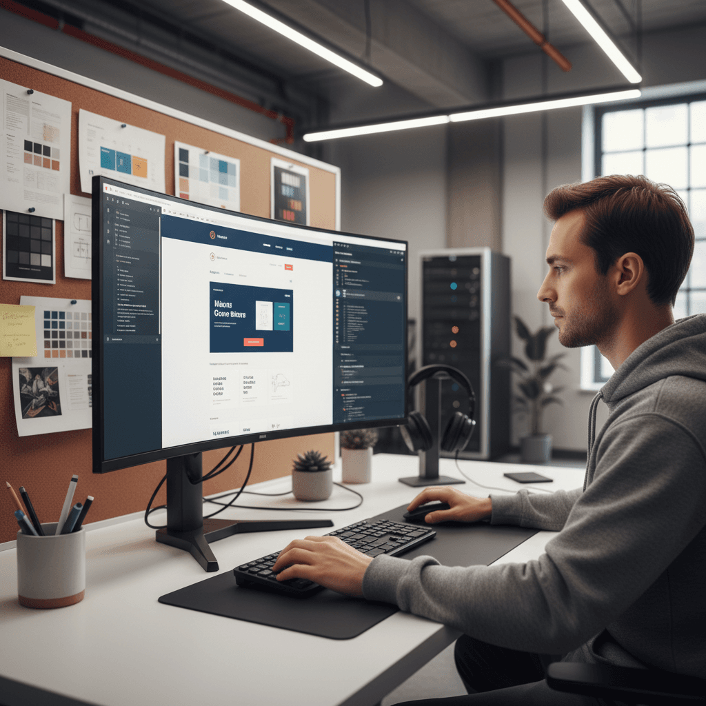Web designer refining website code and interface at workstation