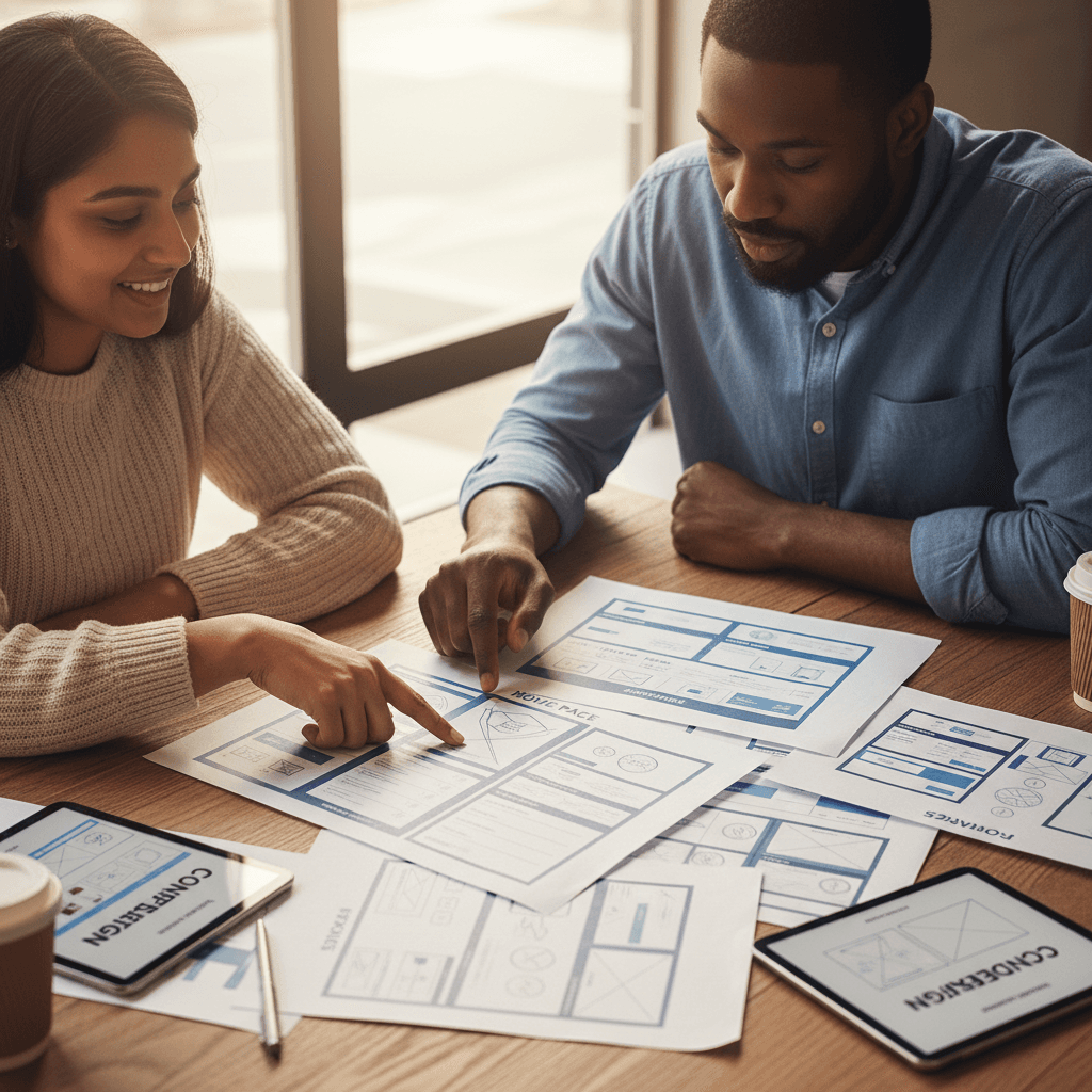 Small business owner collaborating with designer on website mockups